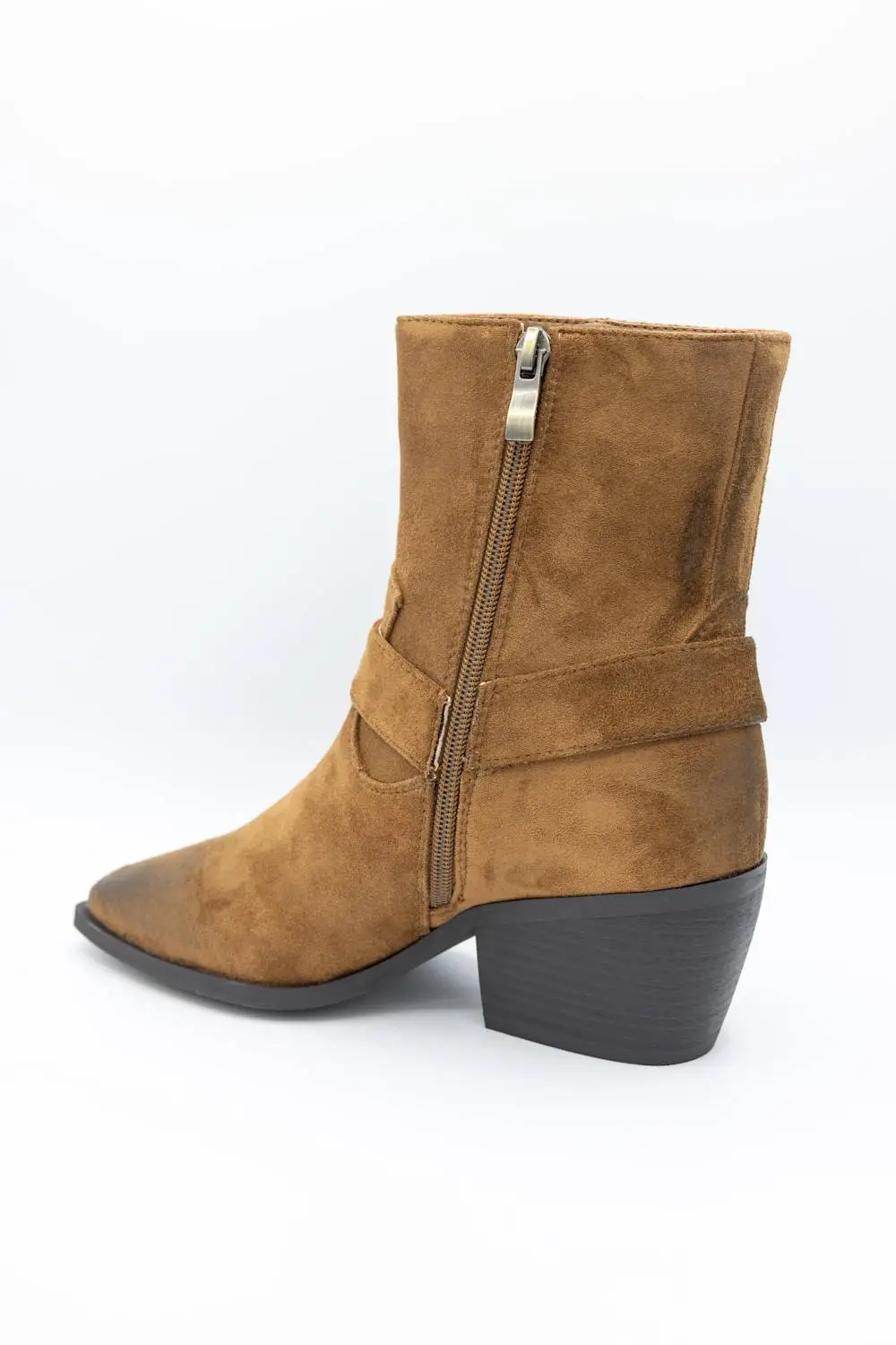 Modern Harness Suede Pointed Toe Mid Calf Bootie