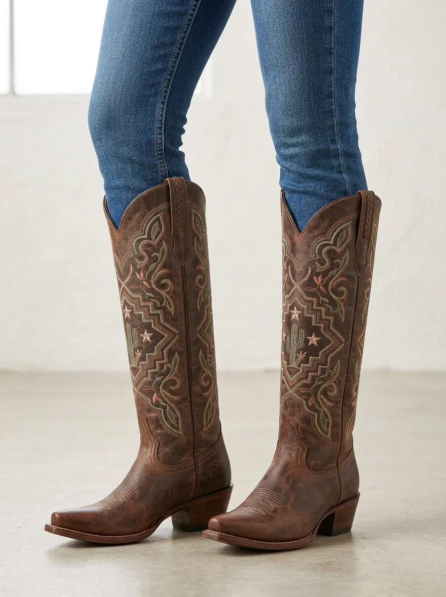 Women's Western Cactus Star Embroidered Braided Pointed-Toe Block-Heel Denim Over-the-Knee Boots