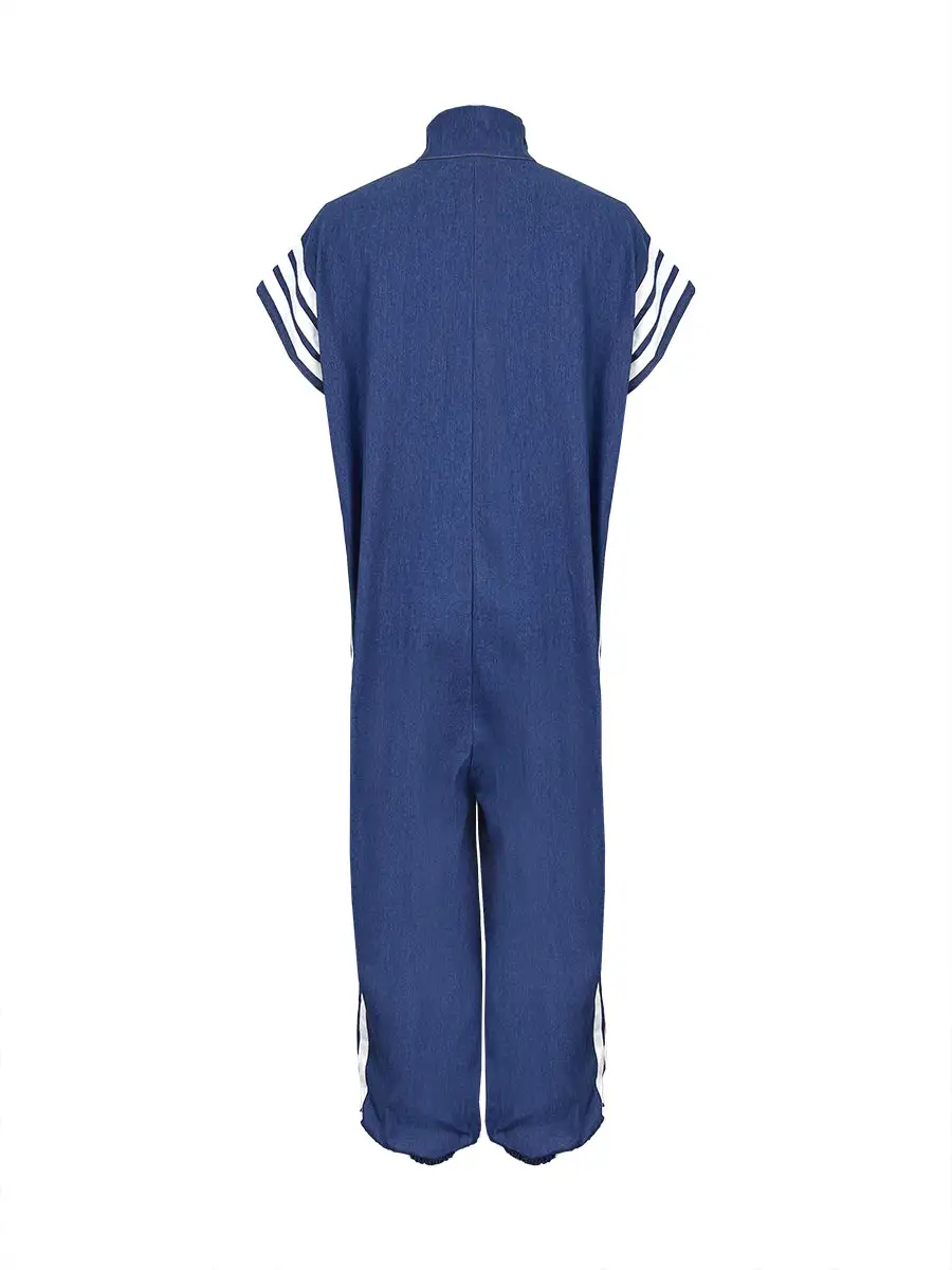 Enkelgebonden Losse Contrastkleurige Zakken Split Joint Gestreepte Jumpsuits
