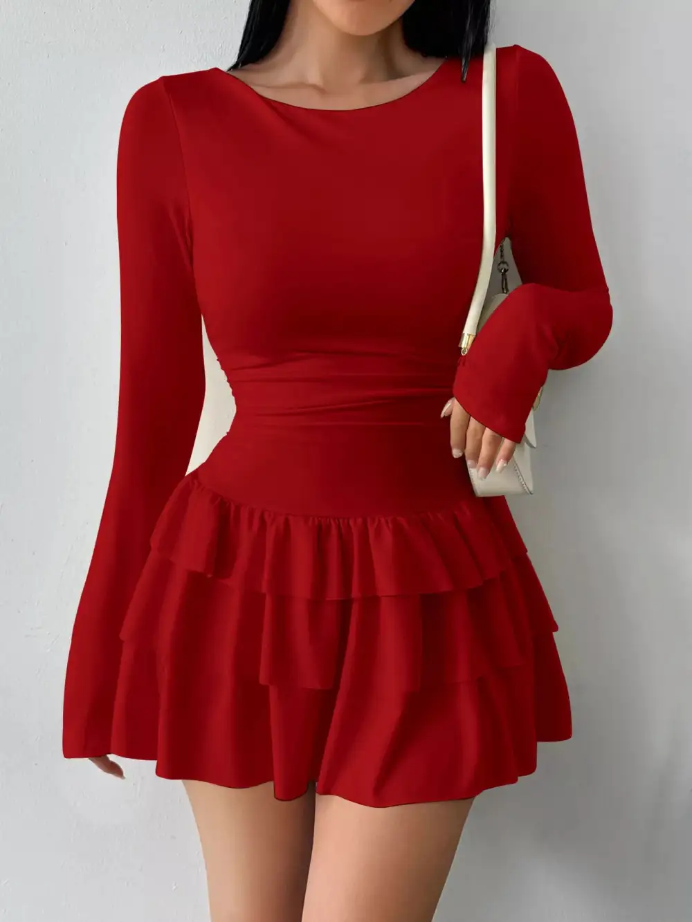 Ruched Long Sleeve Layered Ruffle Mini Dress