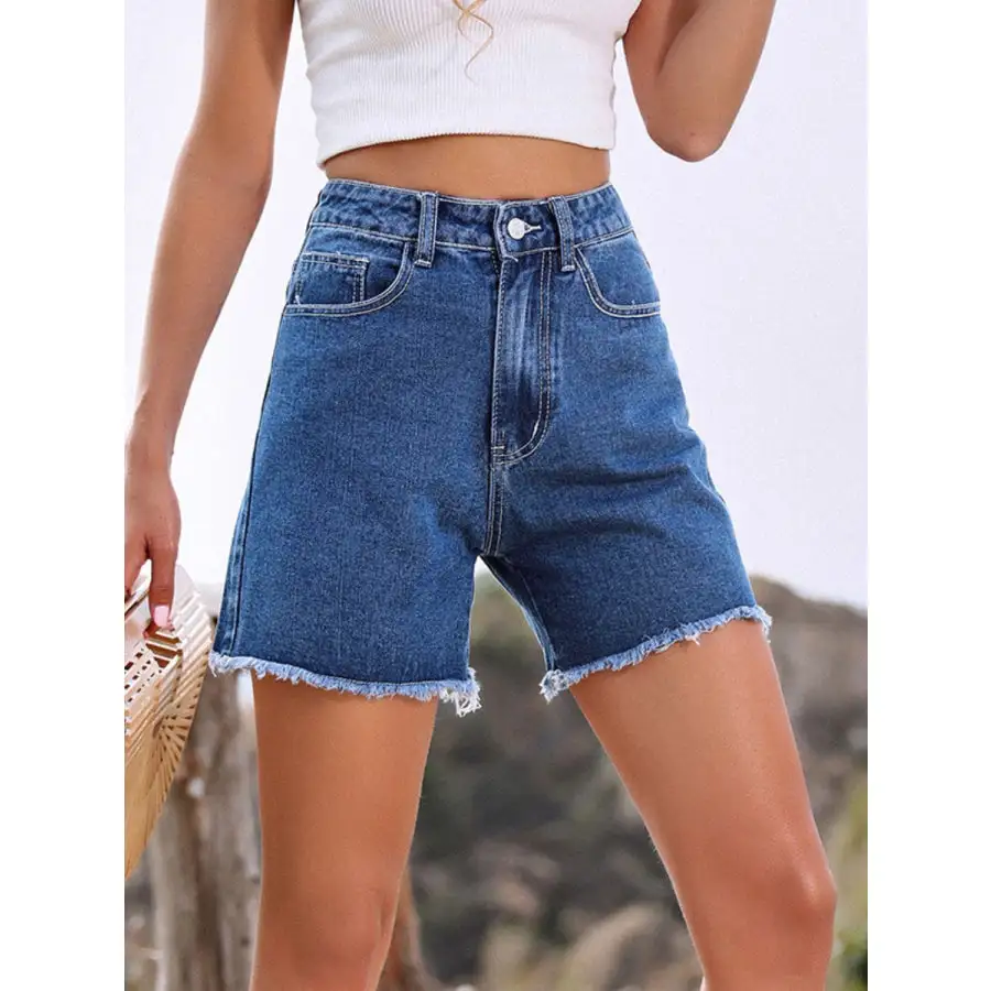 Textured Raw Hem High Waist Denim Shorts