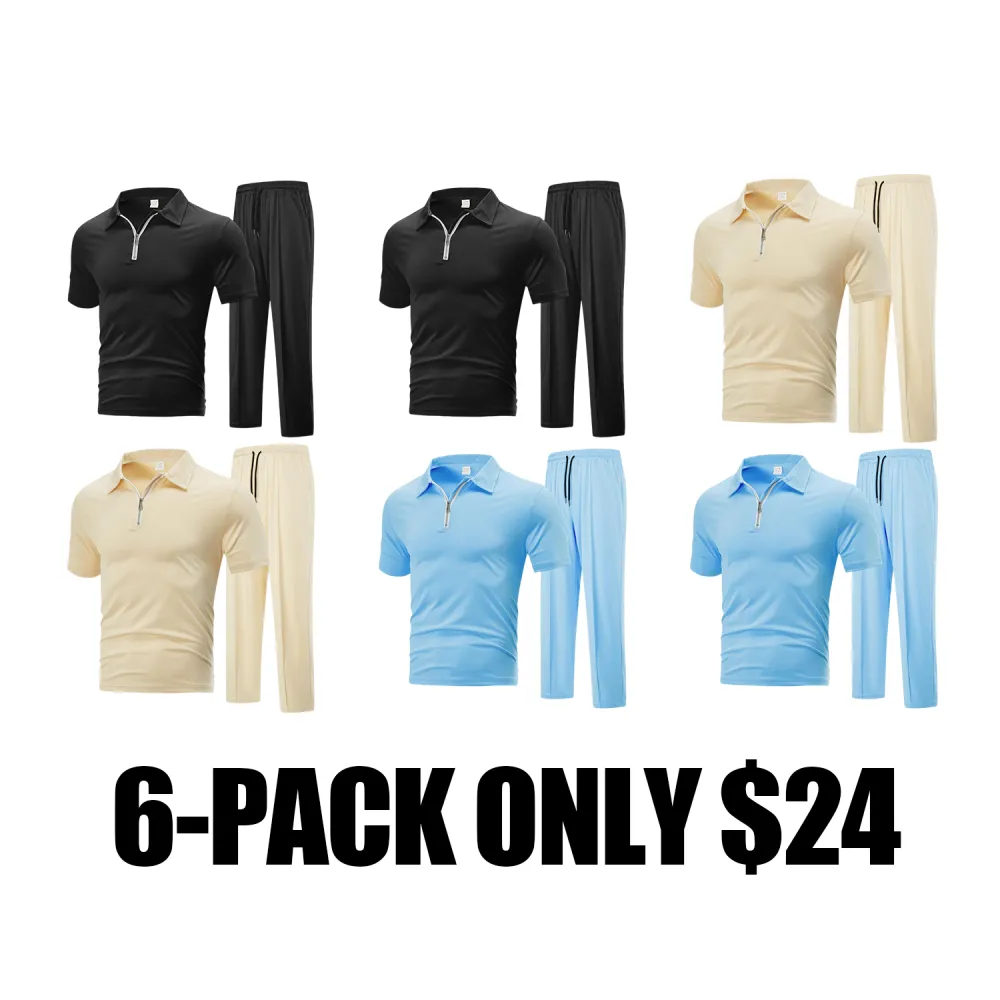 Men's Plain Half Zip Up Shortsleeve Polo Shirt & Drawstring Waist Pants Two-piece Set