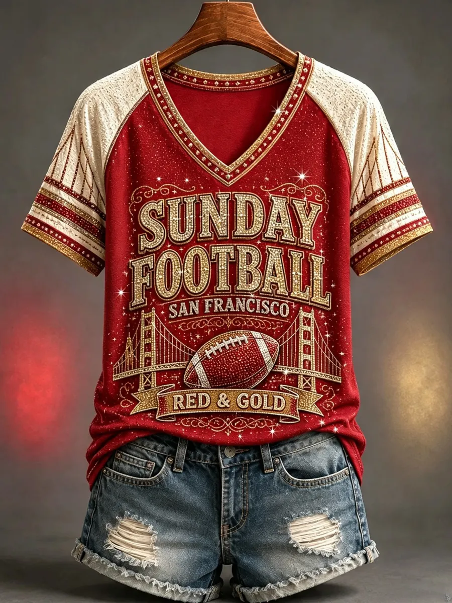 Women's Football Gameday Gift For Football Fans Casual V-Neck Tee
