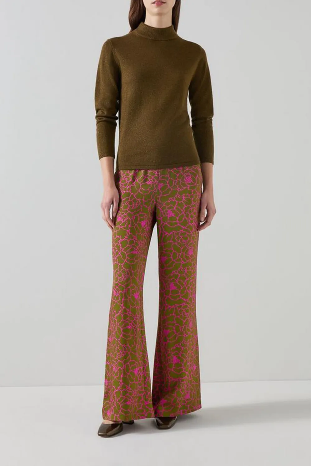 Brown Pink Patterned Flared Trousers