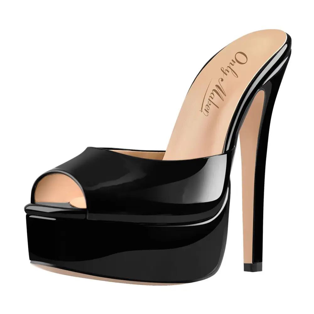 Peep Toe Patent Leather Stiletto Mule Sandals