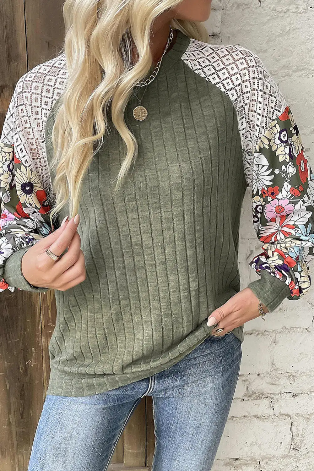 Floral Ribbed Patchwork Blouse