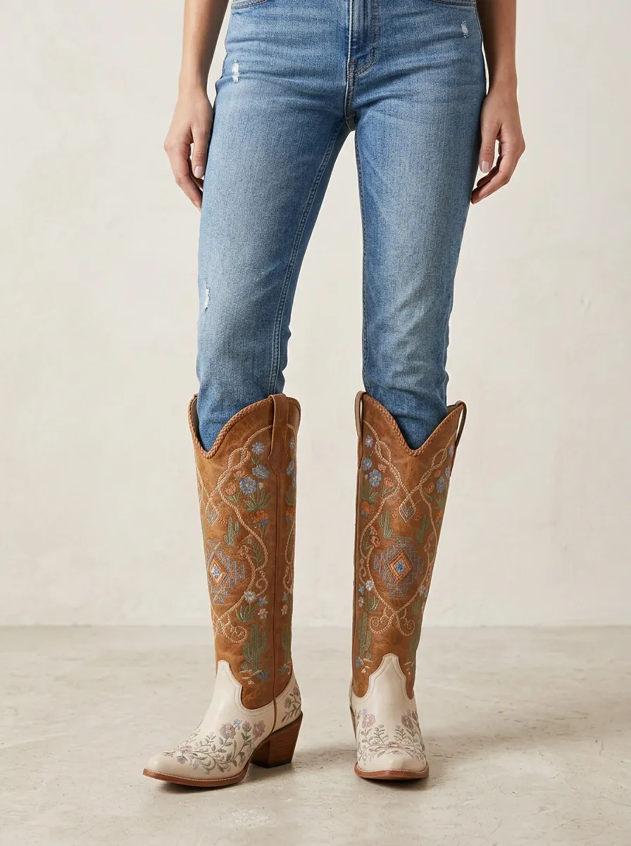 Women's Western Cactus Floral Embroidered Braided Block-Heel Stacked-Heel Denim Over-the-Knee Boots