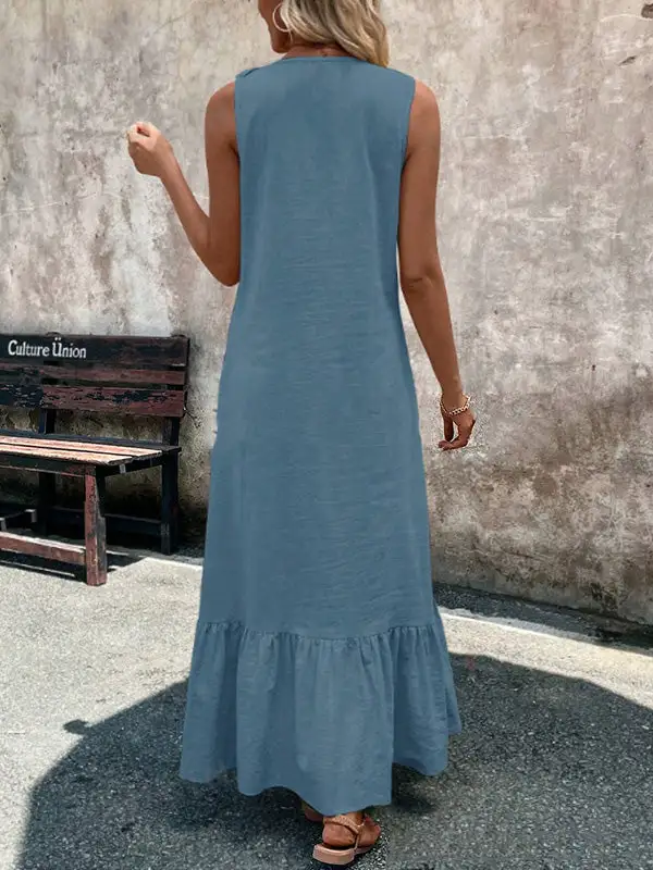 Loose Trim Pleated Neck Maxi Dress
