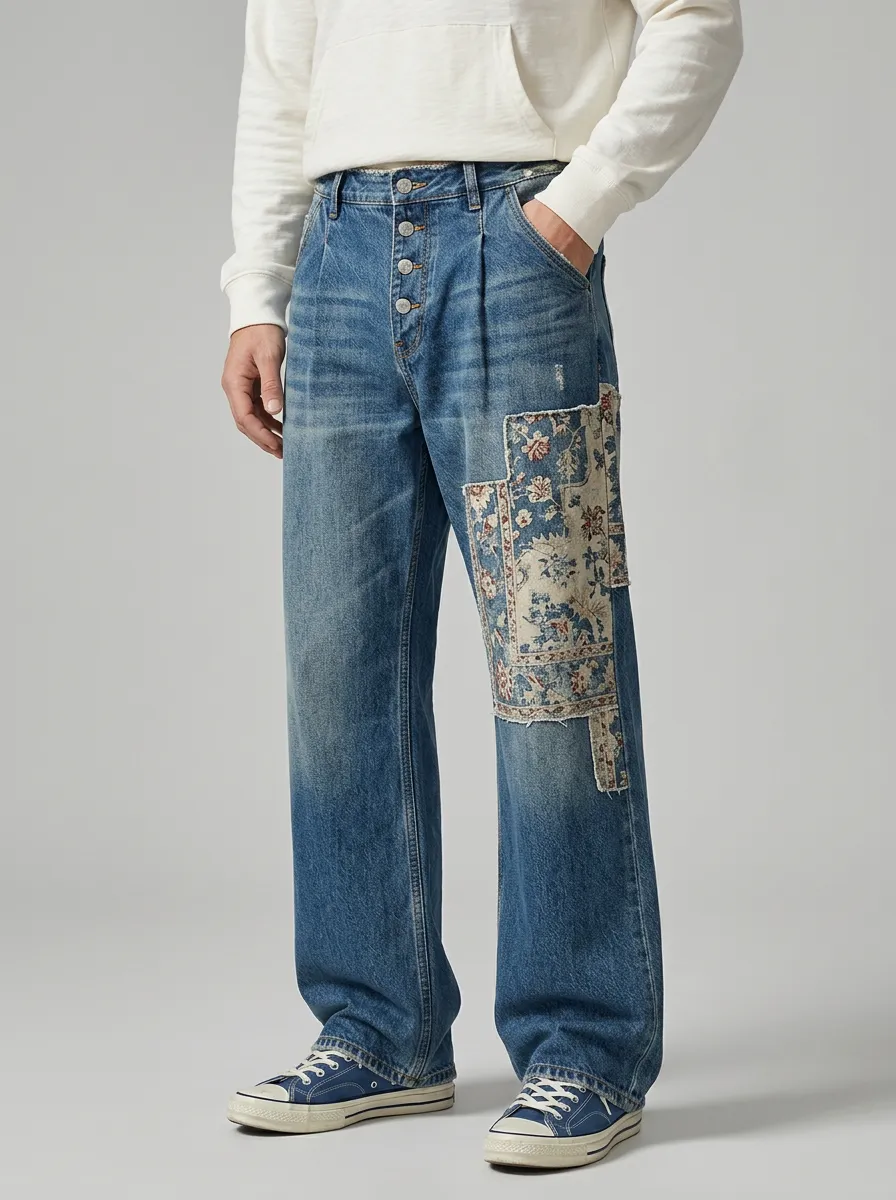 Men's Classic Patchwork Vintage Wide Leg Jeans