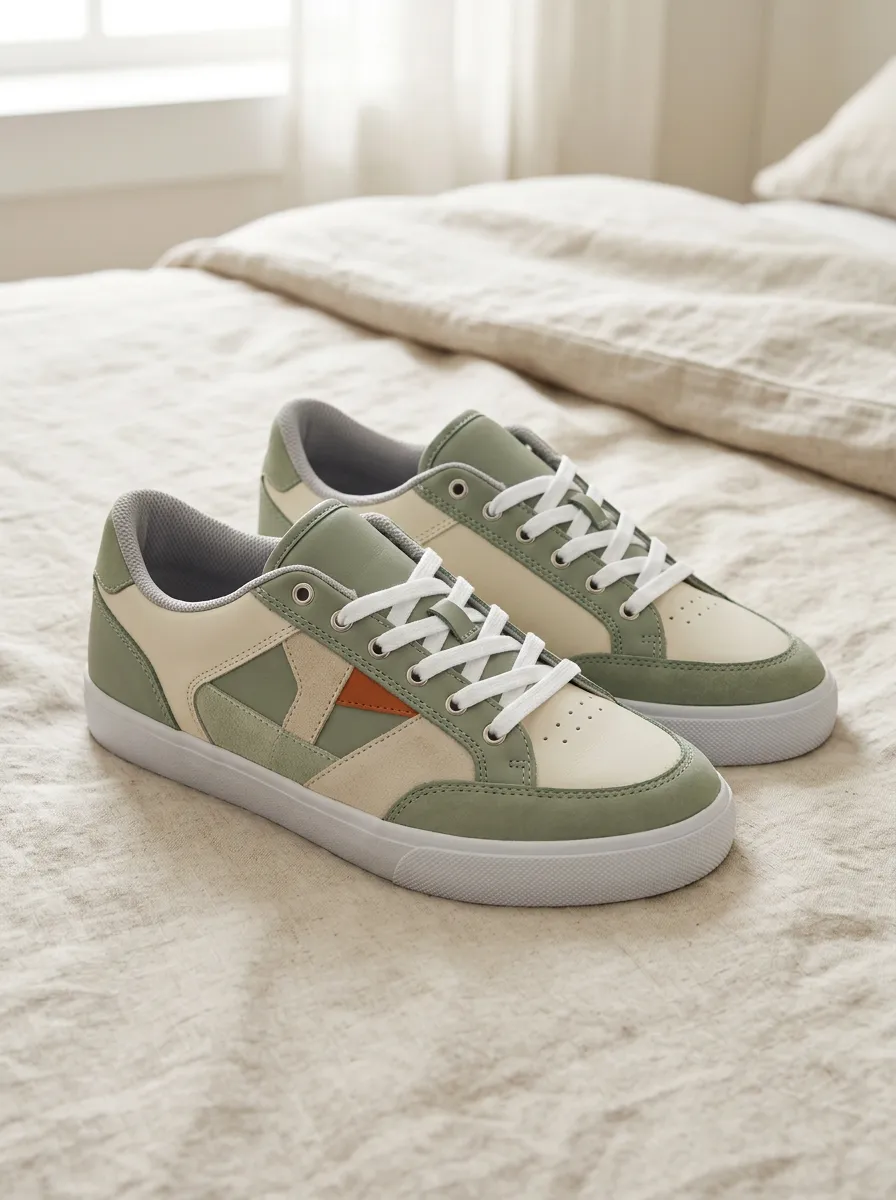 Women's Sage Green Colorblock Geometric Printed Sneakers