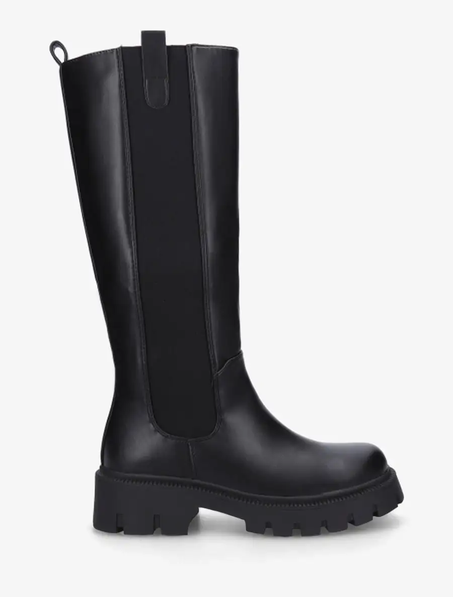 Urban Stretch Panel Block Heel Faux Leather Knee High Boots