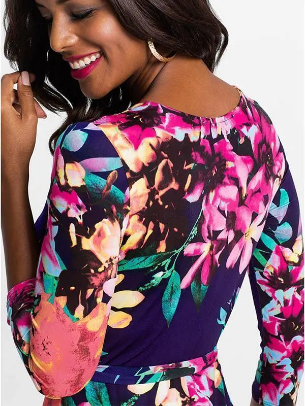 Waisted V-neck Printed Maxi Dress
