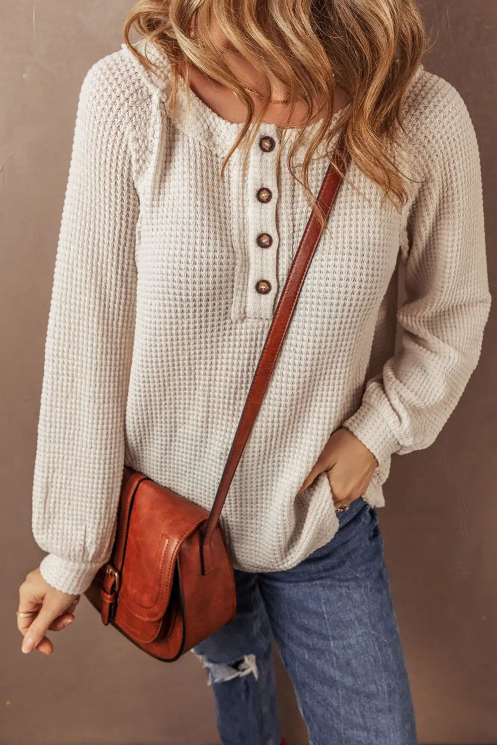 Waffle Knit Buttoned Front Raglan Sleeve Loose Blouse