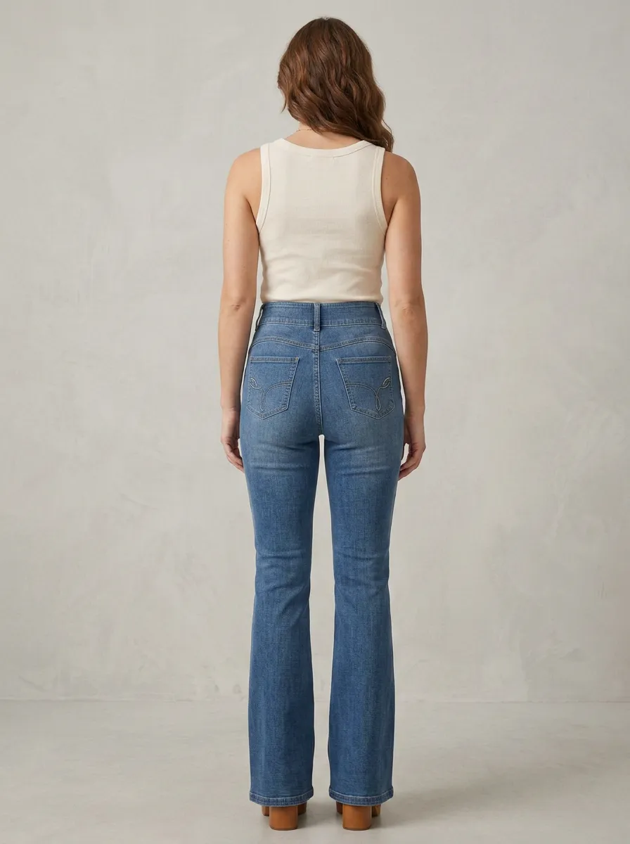 Women's Decorative Floral Embroidered Stitch Detail High Rise Flare Jeans