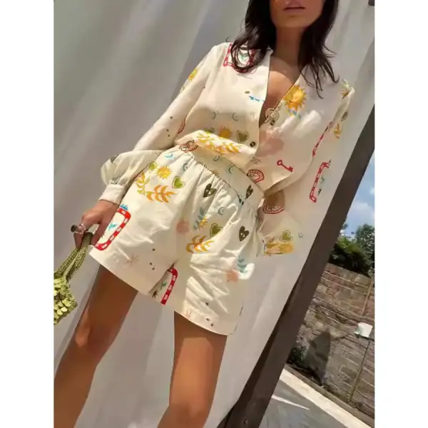 Printed Long Sleeve Shirt and Shorts Set