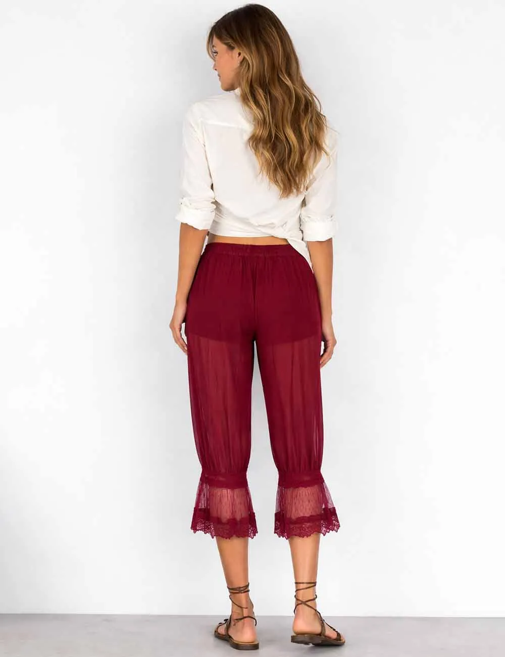 Sheer Lace Trim Bloomer Drawstring Waist Capri Pants