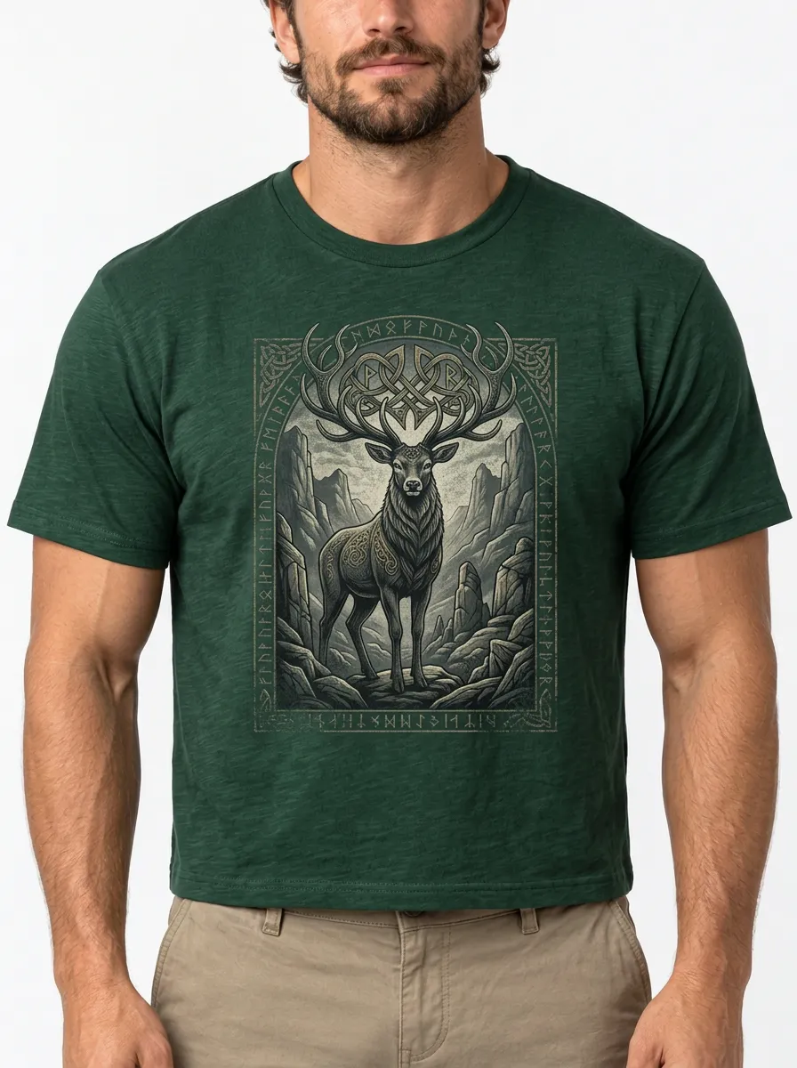 Men's Stag Crew-Neck Short-Sleeve Chest-Sleeve Relaxed Runic-Motif T-Shirt