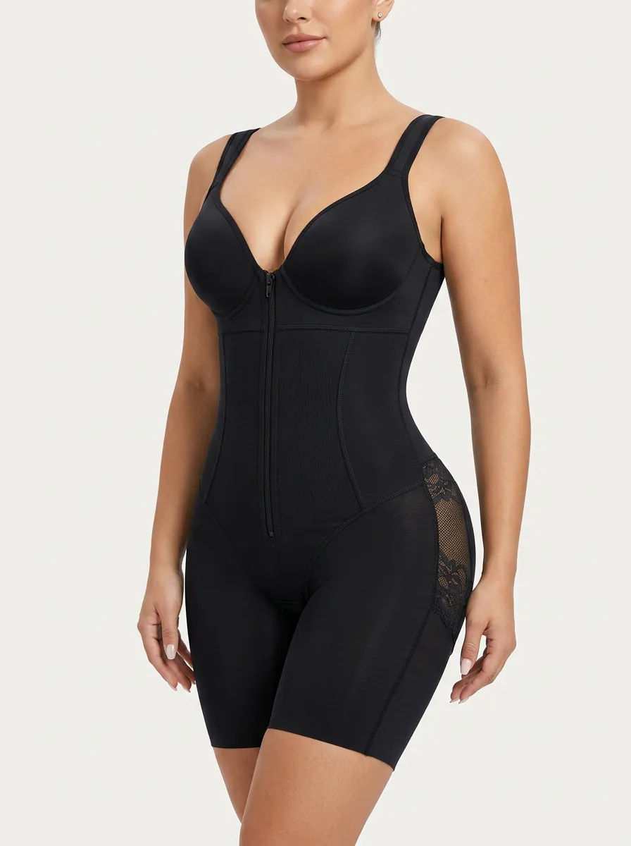 Women Zipper Tummy‑Control Sculpting Bodysuit Brown Shapewear
