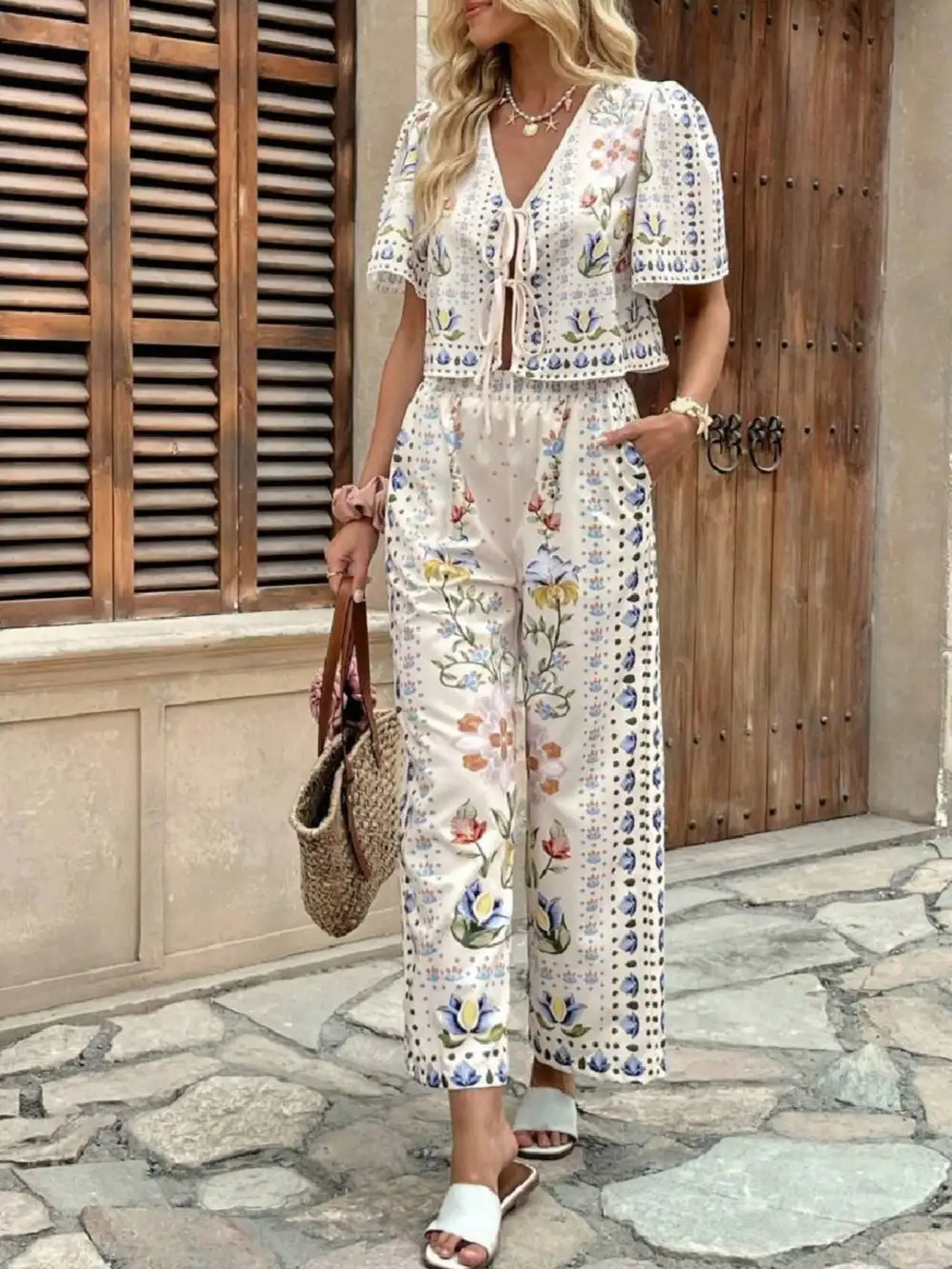 Floral Print Tie Front Top and Pants Set