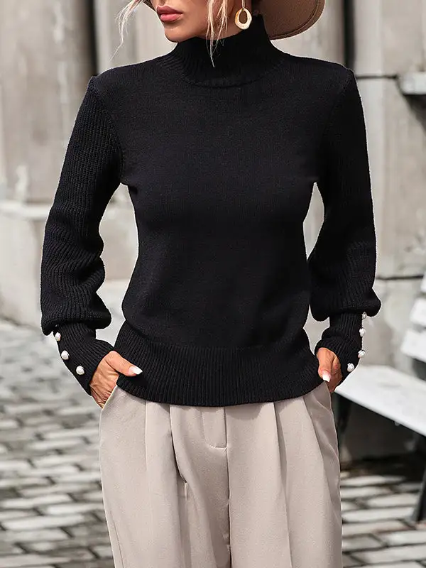 Beaded Paneled High Neck Long Sleeve Relaxed Fit Pullover Sweater