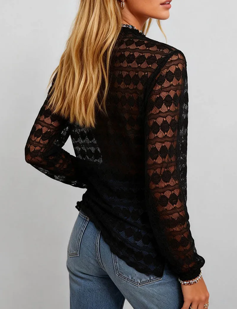 Mock Neck Sheer Heart Lace Layering Top