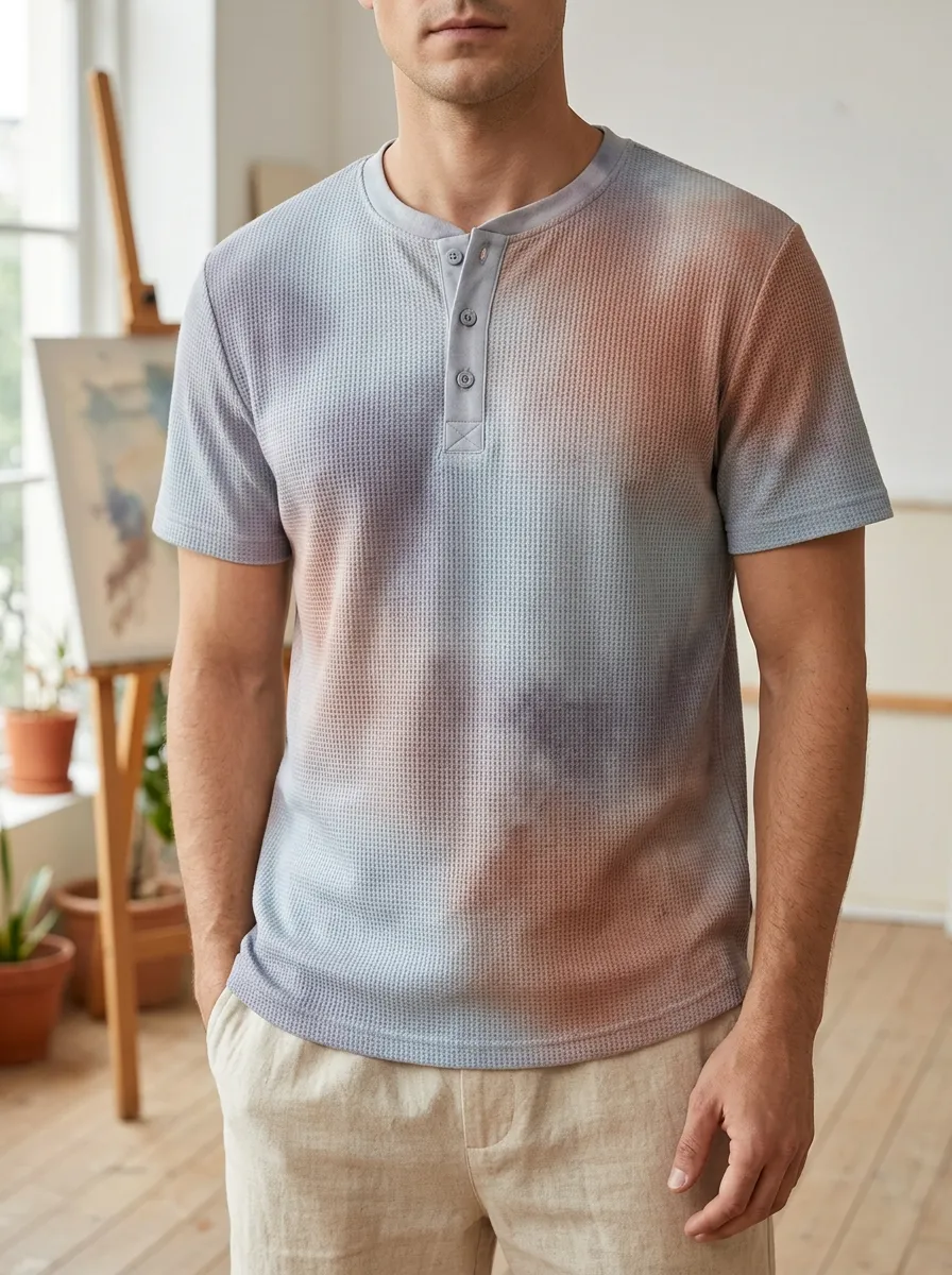 Men's Modern Tie-Dye Waffle Knit Buttoned Henley T-Shirt