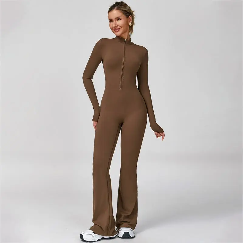 Women's Long Sleeve Flared Sports Jumpsuit - Zipper Jumpsuit, Wide Leg Bodysuit, Sexy One-Piece Yoga Jumpsuit