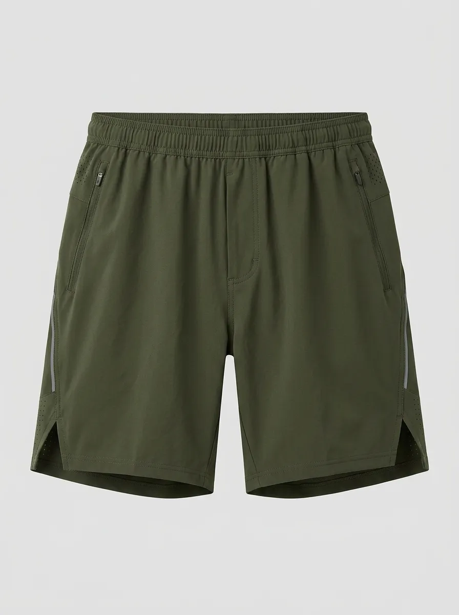 Men's Athletic Breathable Olive Green Zippered Running Shorts