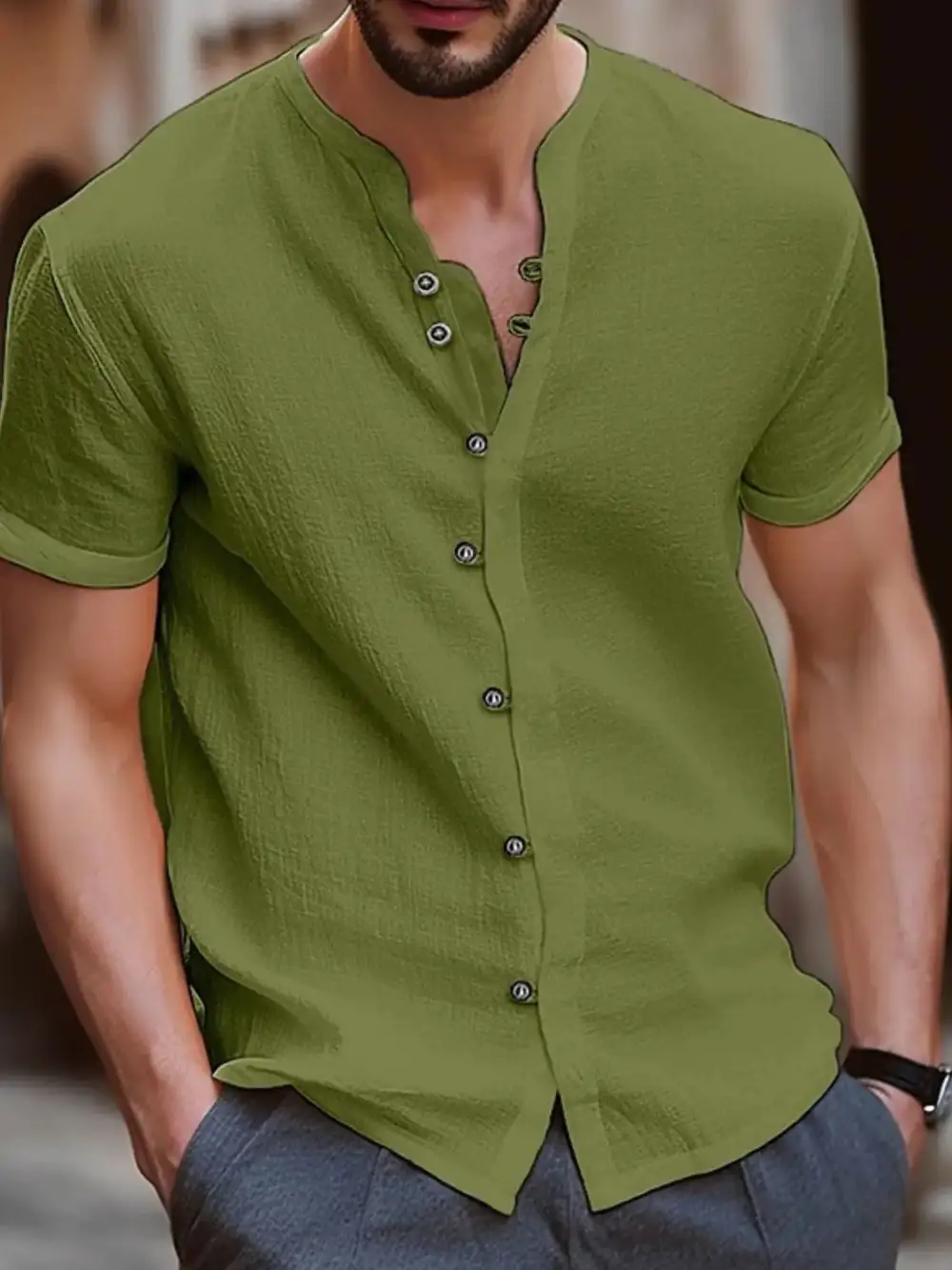 Clean-Lined Short-Sleeve Button-Up Shirt