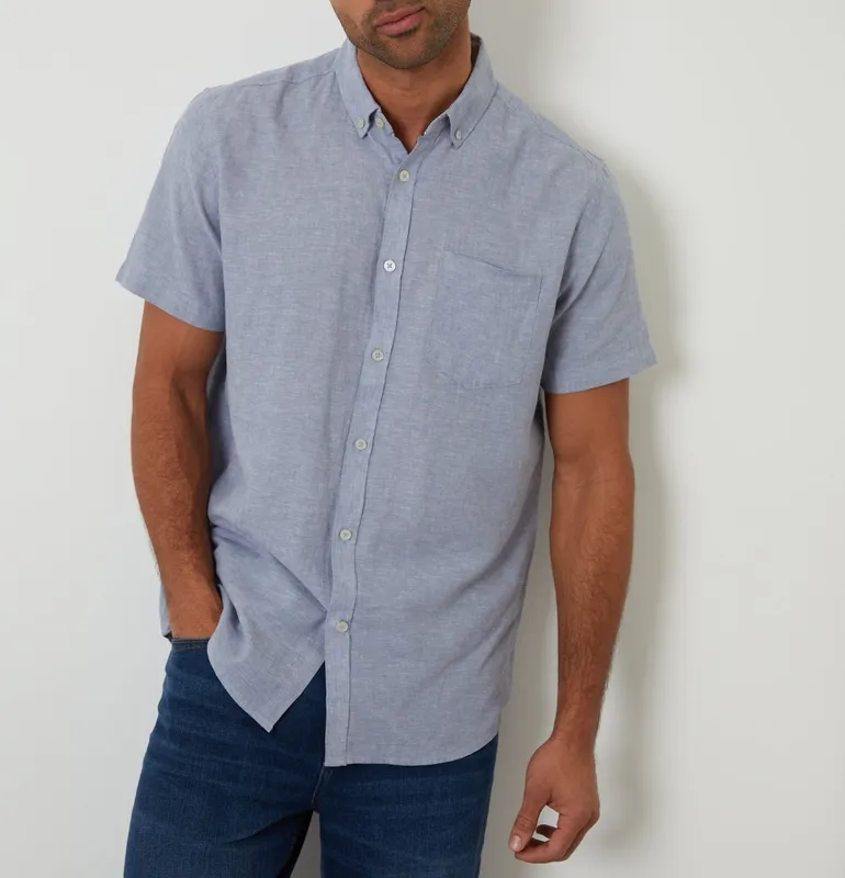 Denim Blue Short-Sleeve Linen-Blend Shirt