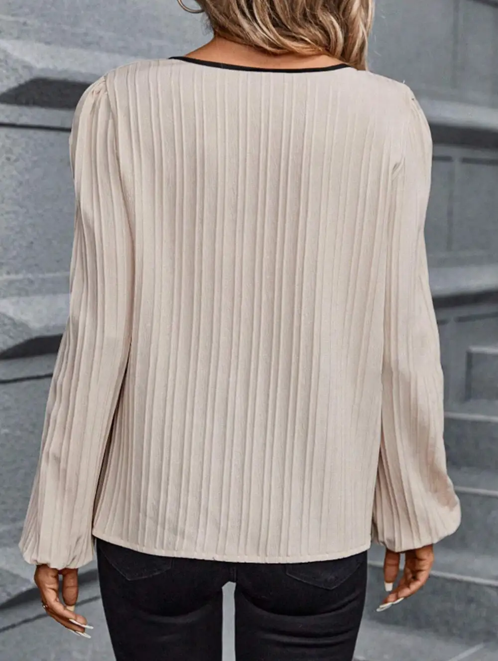 Panel V Neck Puff Sleeve Blouse Tee