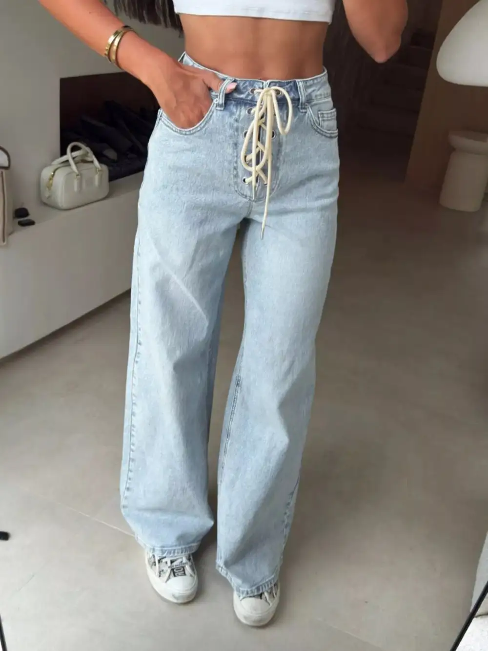 High Waist Wide Leg Lace Denim Jeans