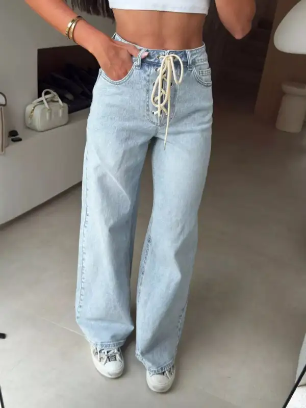 High Waist Wide Leg Lace Denim Jeans
