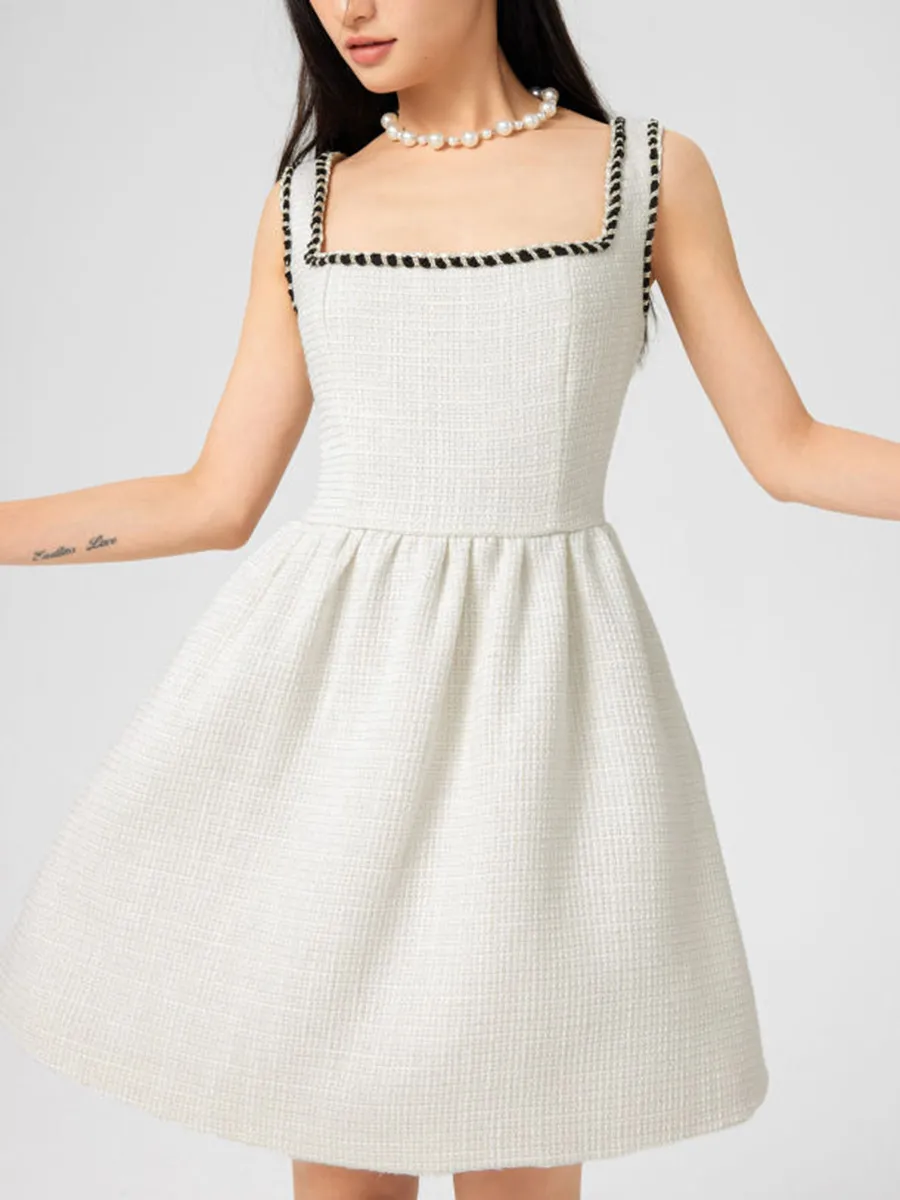 Tweed U-Neckline Solid Mini Dress