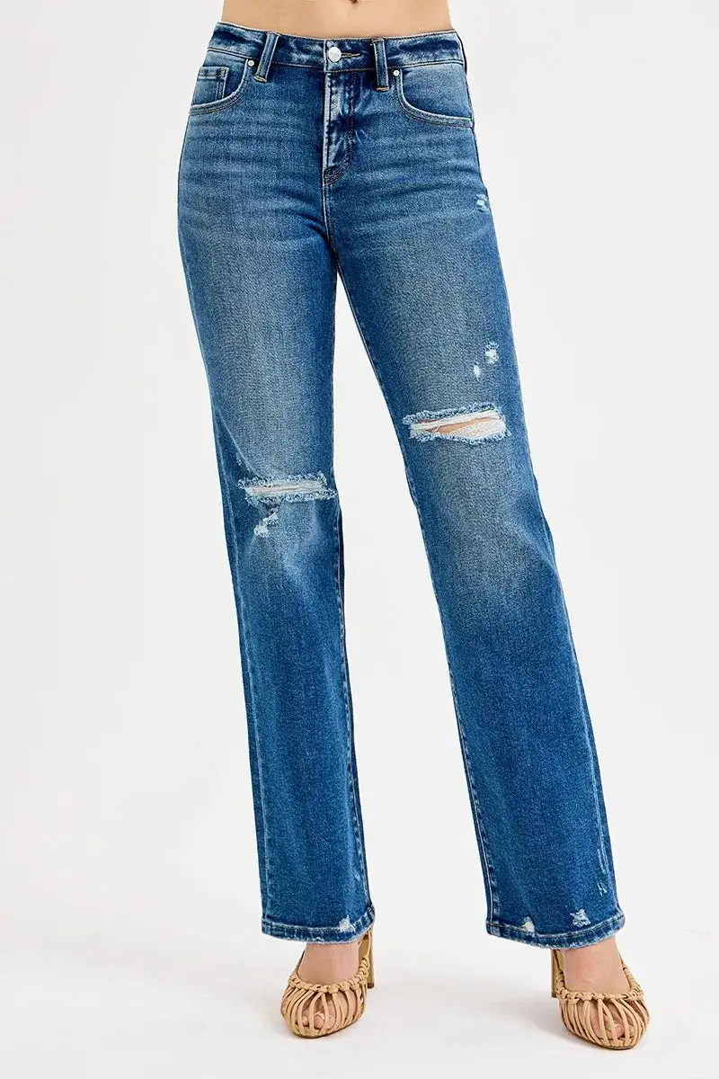 Tummy Control High Rise Straight Distressed Denim Jeans