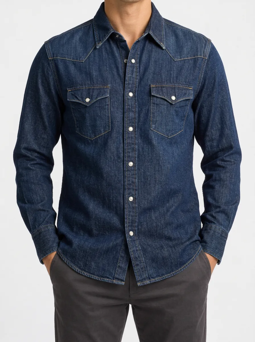 Denim Shirt with Classic Texture and Snap-Button Front