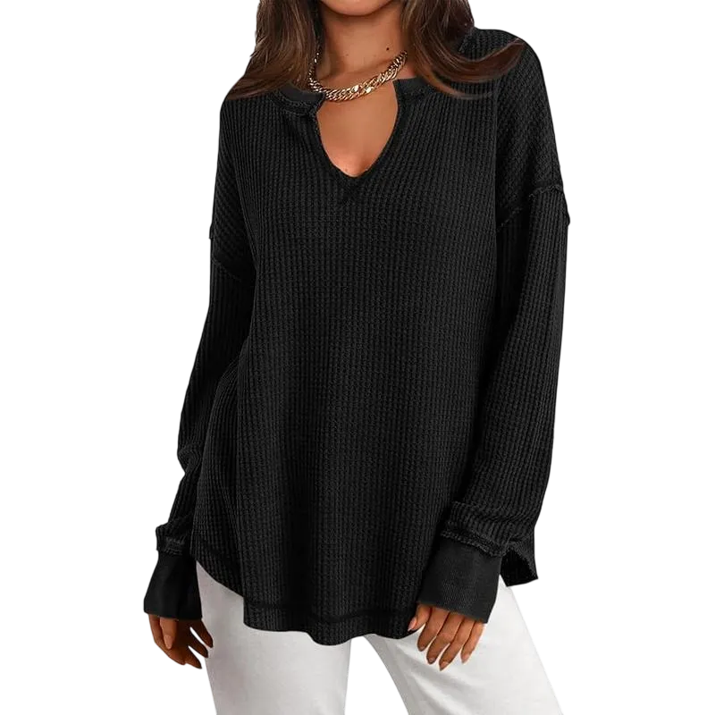 Women‘s Waffle Knit Long Sleeve Casual V Neck Shirts