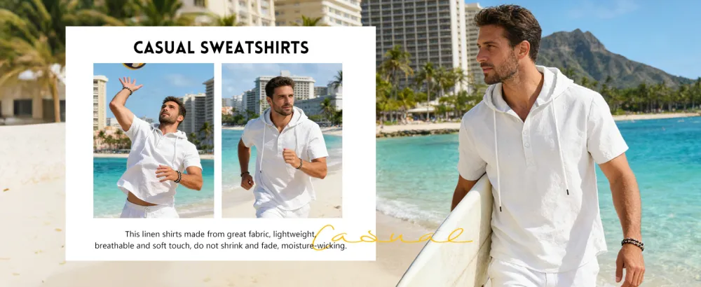 Men's Cotton Linen Short Sleeve Hooded Shirt