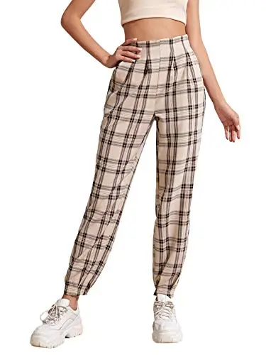 Women's Plaid Elastic High Waist Casual Tartan Pants with Pockets