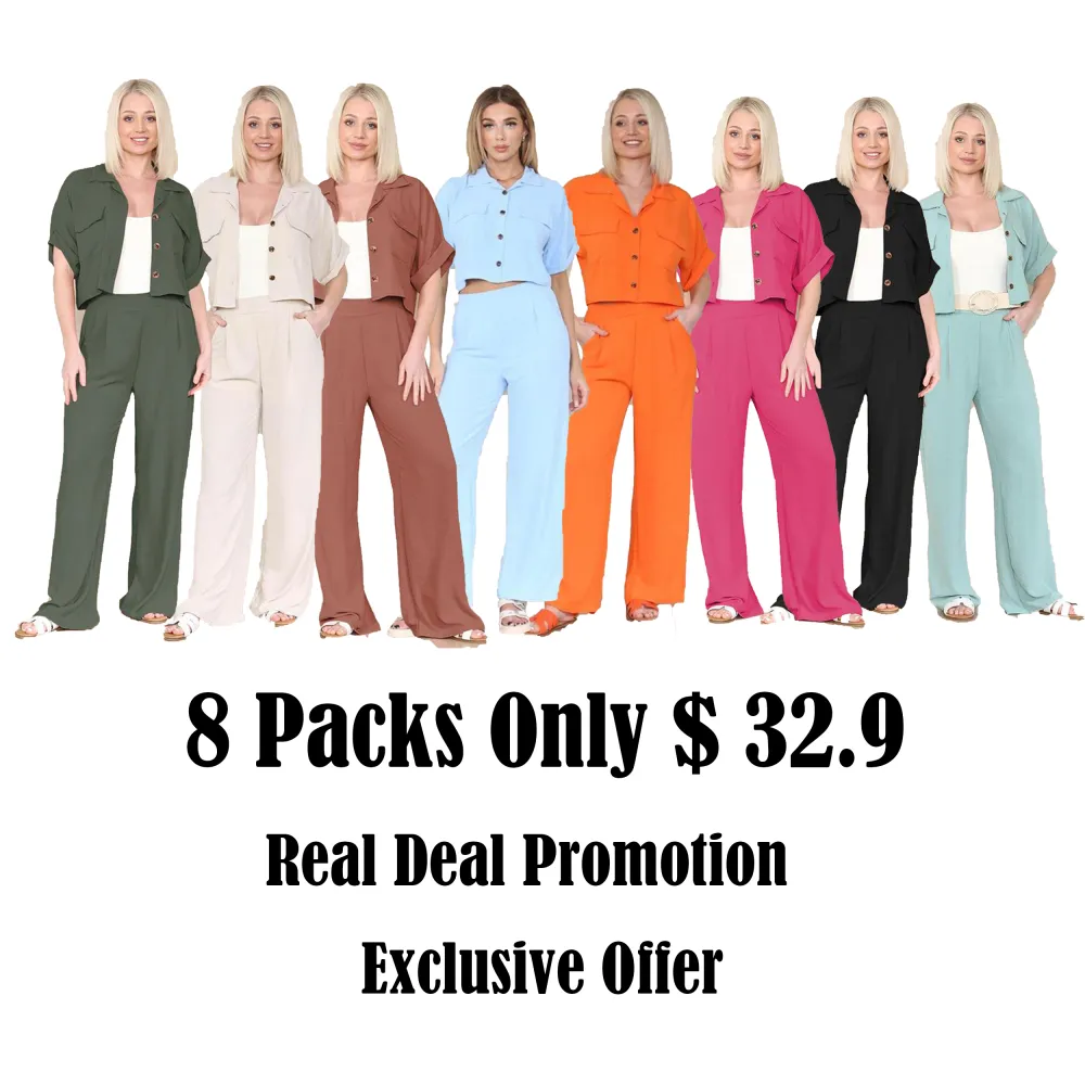 Women's Casual Button Front Flap Pocket Blouse & Wide Leg Trousers Co-ord, Crop Short Sleeve Shirt & High Waist Pants Two-Piece Set