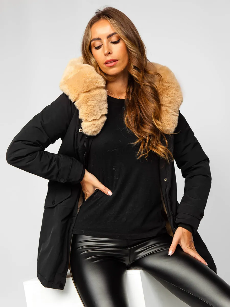 Black women's winter parka jacket with hood