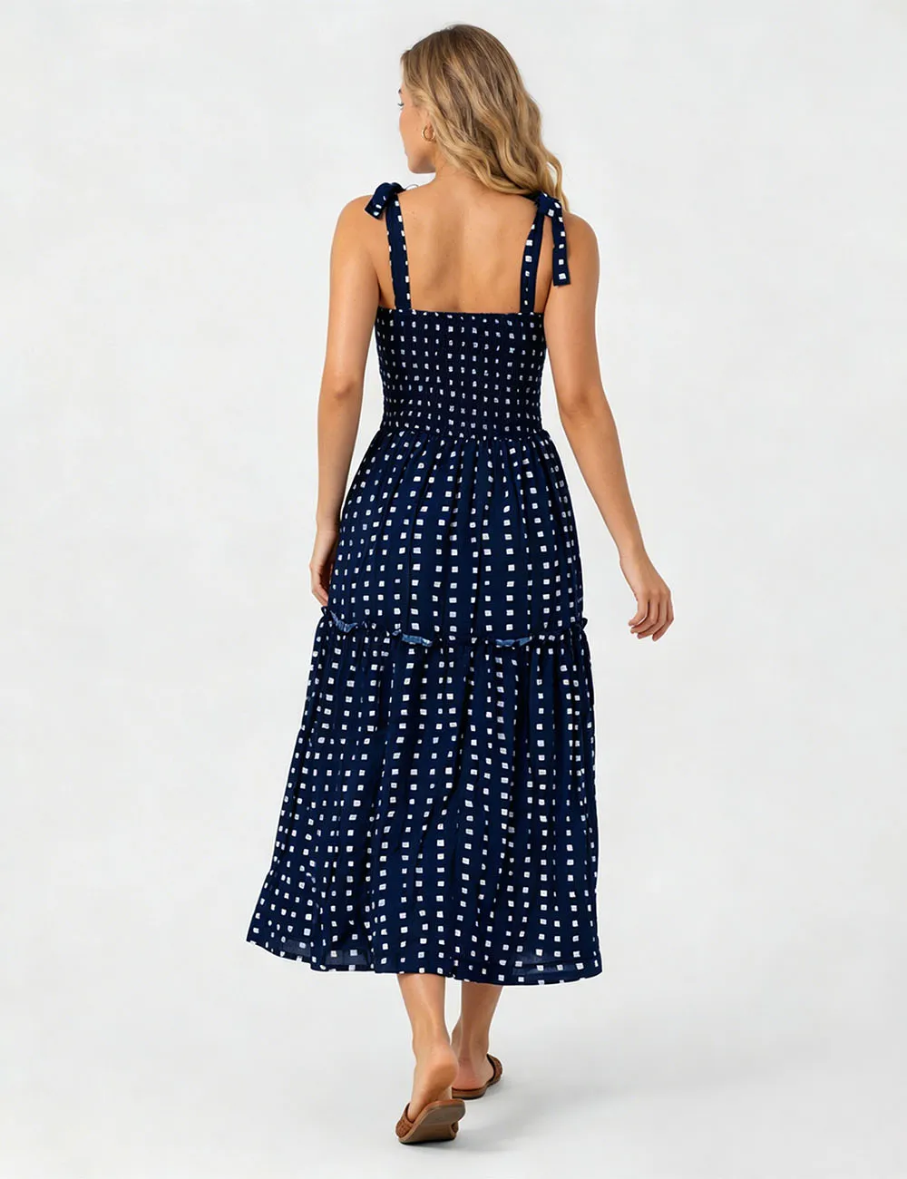 Abstract Smocked Strap Square Neck Midi Dress