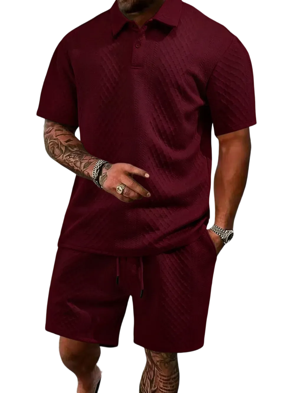 Men's Summer Casual Textured Polo Shirt and Shorts Two-Piece Set