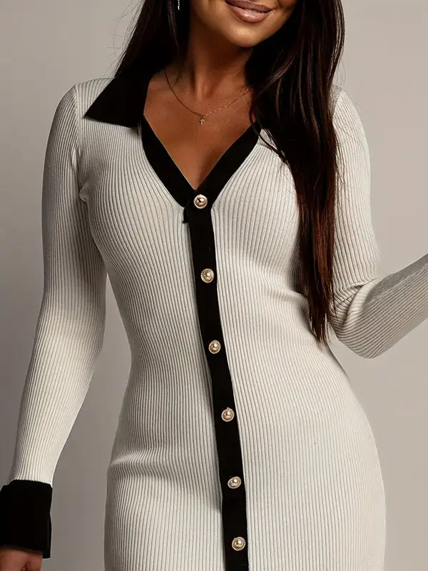 Bodycon High Waisted Buttoned Contrast Color Ruffle V Neck Knit Dress