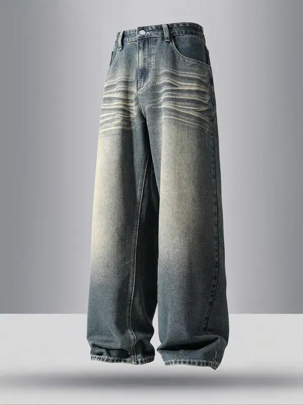 Men's Vintage Wash Pocket Wide Leg Jeans, Loose Casual Comfy Denim Pants for Daily Wear, Woven Bottoms for All Seasons