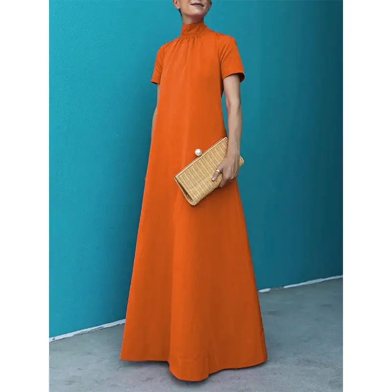 Tailored Cotton Blend High Neck Loose Maxi Dress