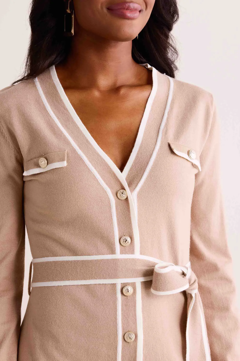 Beige Tie-Waist Contrast Trim Sweater Dress