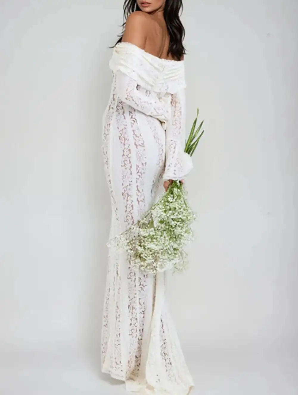 Lace Off Shoulder Bell Sleeve Evening Dress