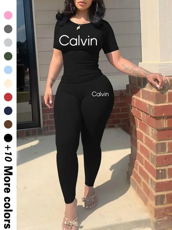 Calvin Letter Printing Women’s Casual Two-Piece Set Trendy Crop Top & Shorts | Lightweight Fabric | Effortless Summer Comfort