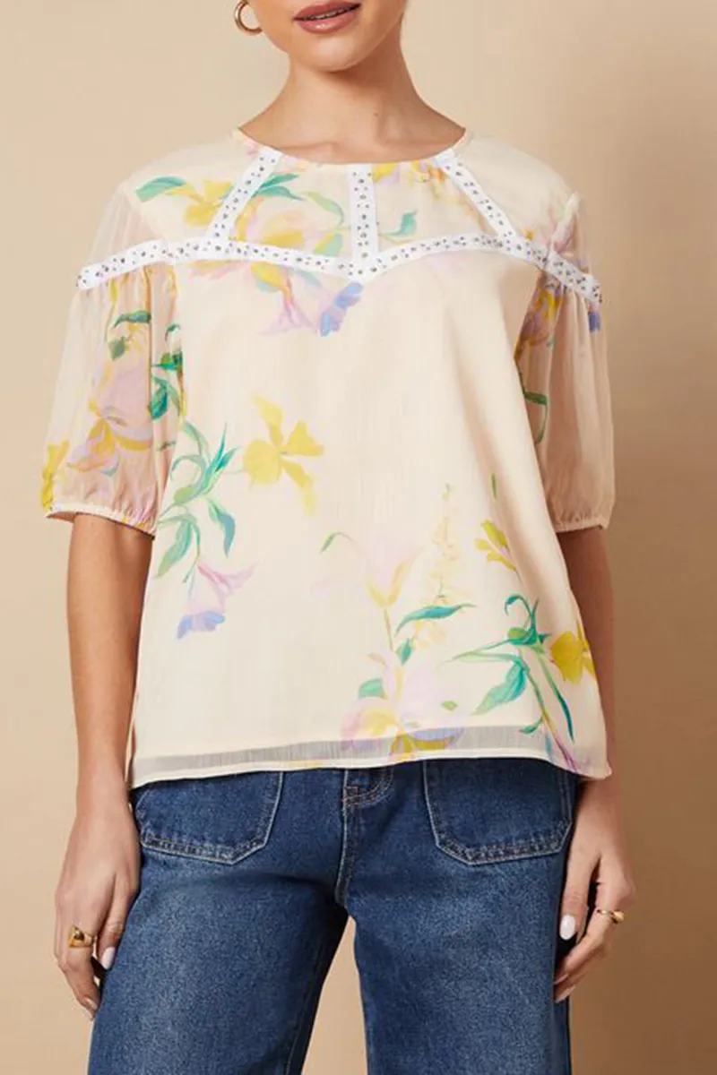 Casual Style Floral Hand Embellished  Blouse